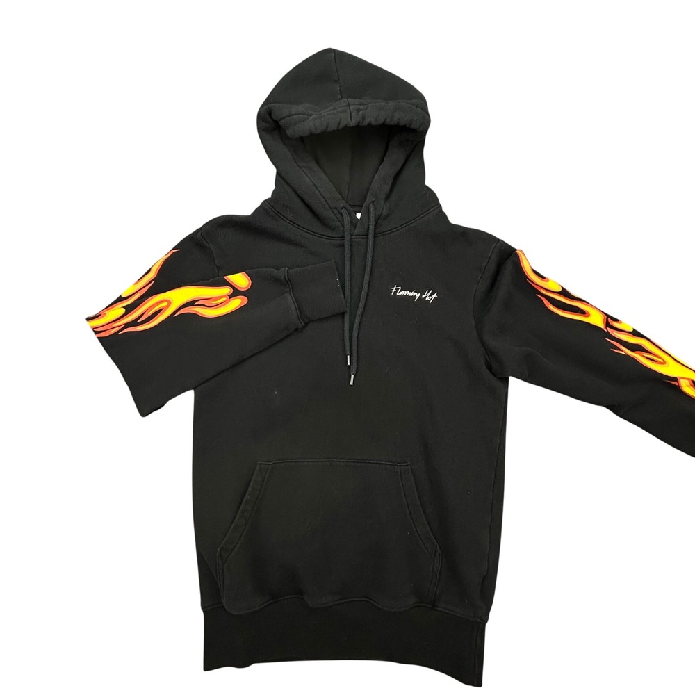 HM Divided Hoodie Mens XS Black Flaming Hot Flame Sleeve Graphic Pullover